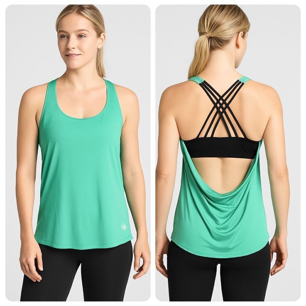 Built-In Bra Teal Drape Back Workout Tank Top with Strappy Back – Size Medium